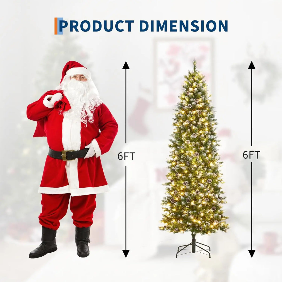 6FT 7.5FT 9FT 12FT Prelit Artificial Christmas Tree, Realistic PVC Pencil Tree With Metal Stand, Easy Assembly, Holiday Home Decor