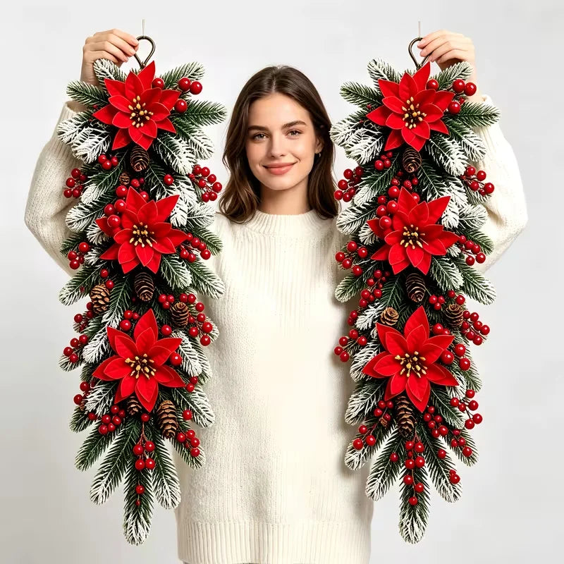 2Pcs Christmas Garland, Artificial Poinsettia Red Berry Pine Branch Decor, UV Resistant Holiday Garland for Indoor Outdoor Home