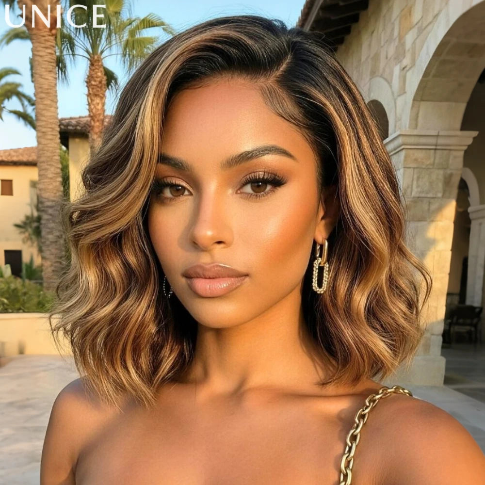 UNice Brown With Blonde Highlights Wavy Bob Wig With Face-Framing Layers Side Part 7x5 13x4 Lace Glueless Human Hair Wigs