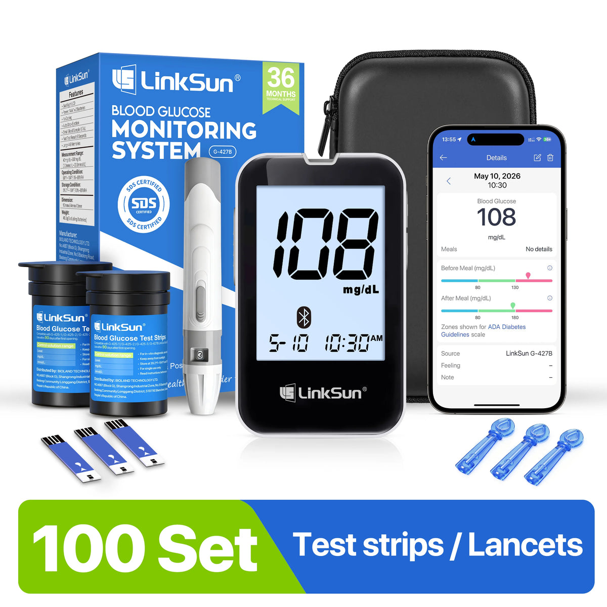 LinkSun G-427B Bluetooth Blood Sugar Testing Kit 50/100 Test Strips High Accuracy Large Display Blood Glucose Monitor Travel Bag