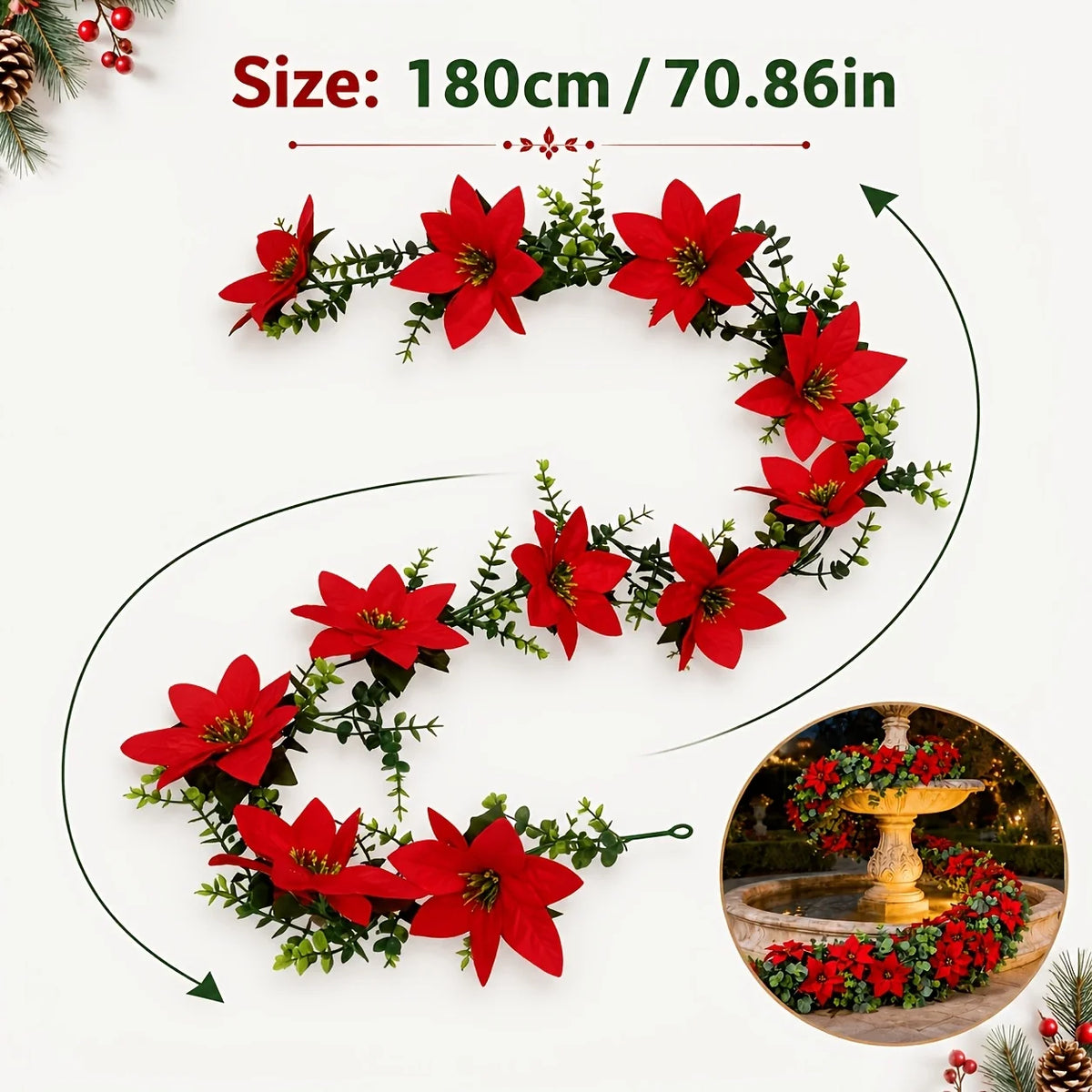 2Pcs Artificial Christmas Garland Red Poinsettia Eucalyptus Faux Flower Fireplace Mantel Front Door Wall Indoor Outdoor Party