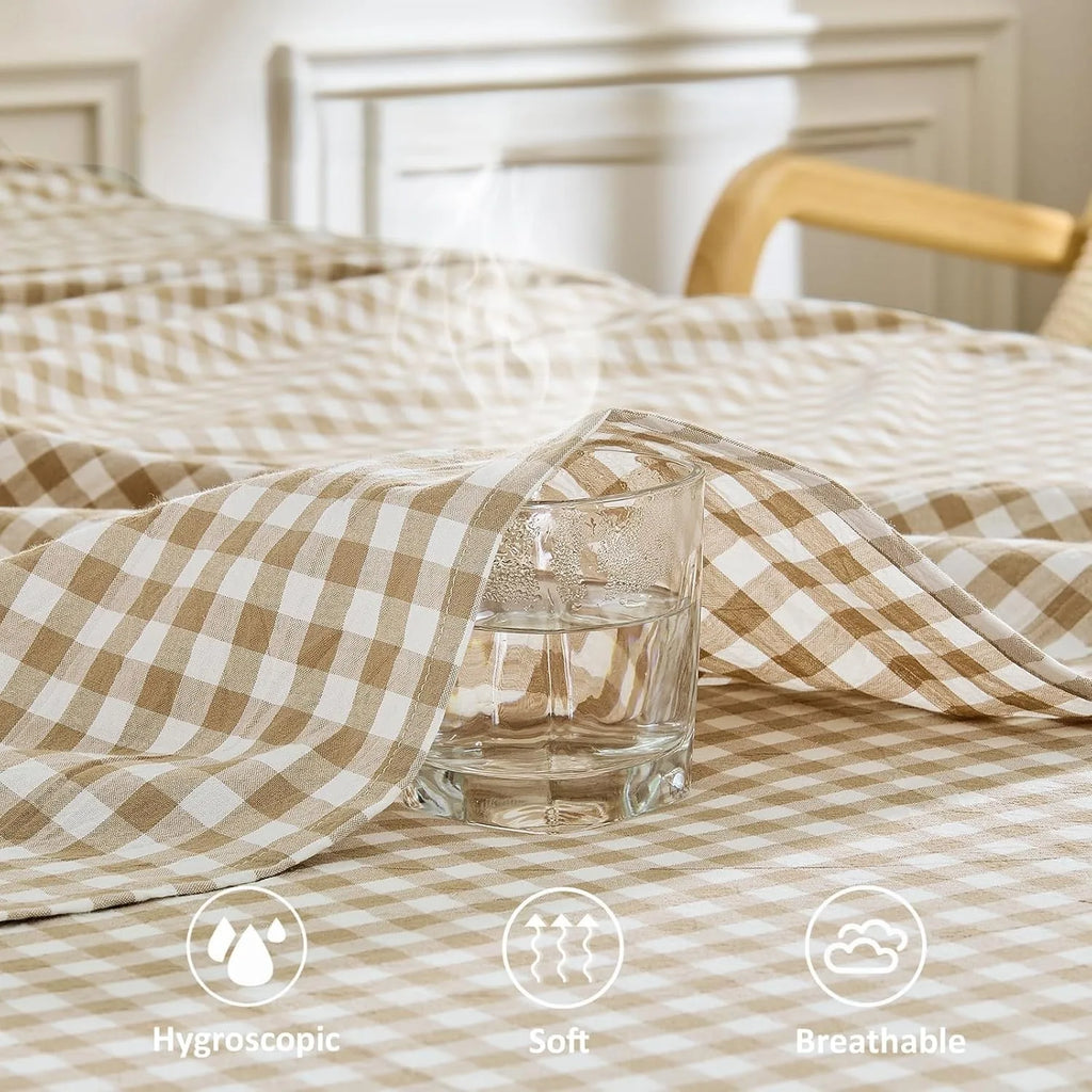 Gingham Sheet Set: 100% Washed Cotton, Linen-Like Texture, Breathable and Soft, 3/4-Piece Set, Plaid Checkered Bed Sheets, 15" Deep Pocket,Twin/Twin XL/Full/Queen/King/California King
