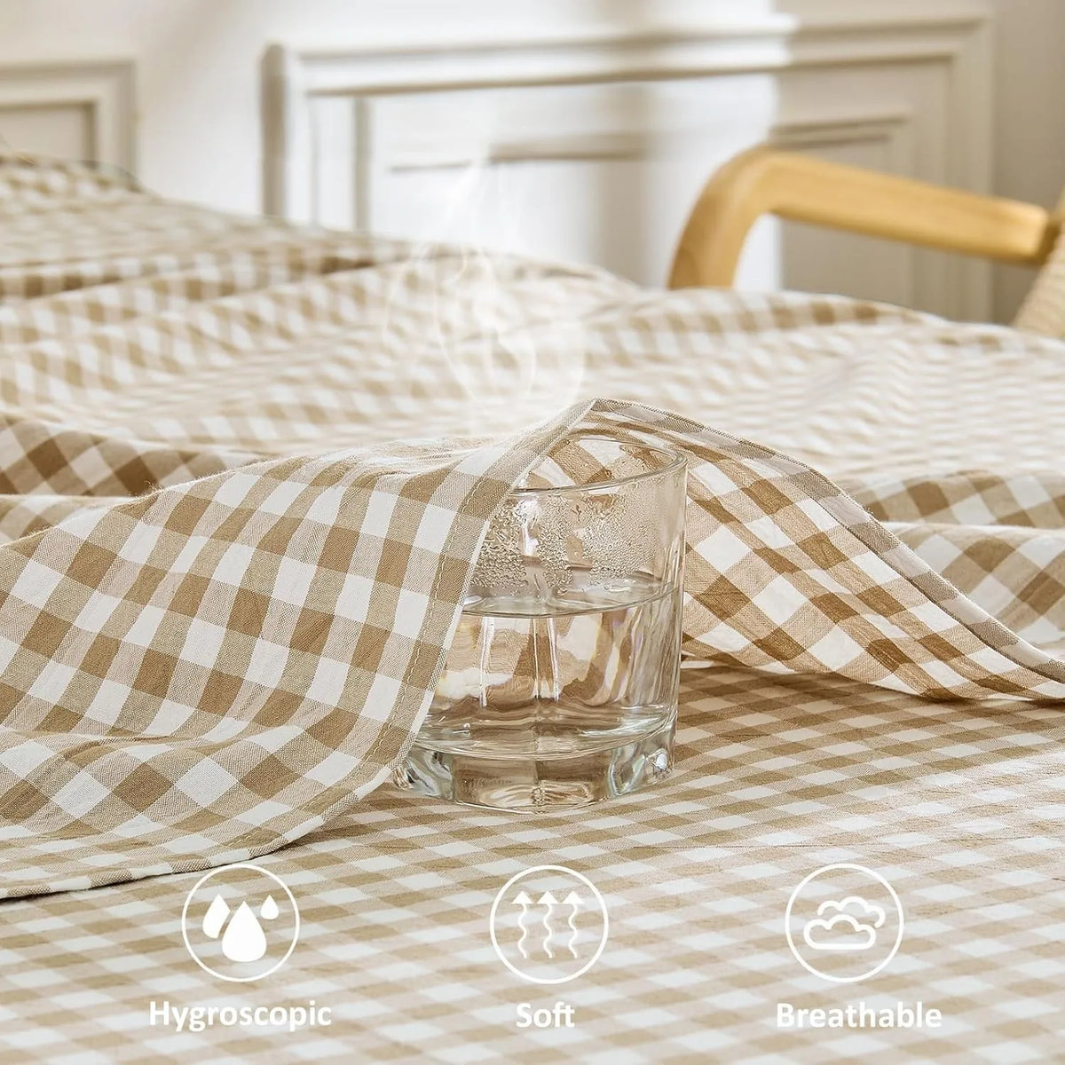 Gingham Sheet Set: 100% Washed Cotton, Linen-Like Texture, Breathable and Soft, 3/4-Piece Set, Plaid Checkered Bed Sheets, 15" Deep Pocket,Twin/Twin XL/Full/Queen/King/California King
