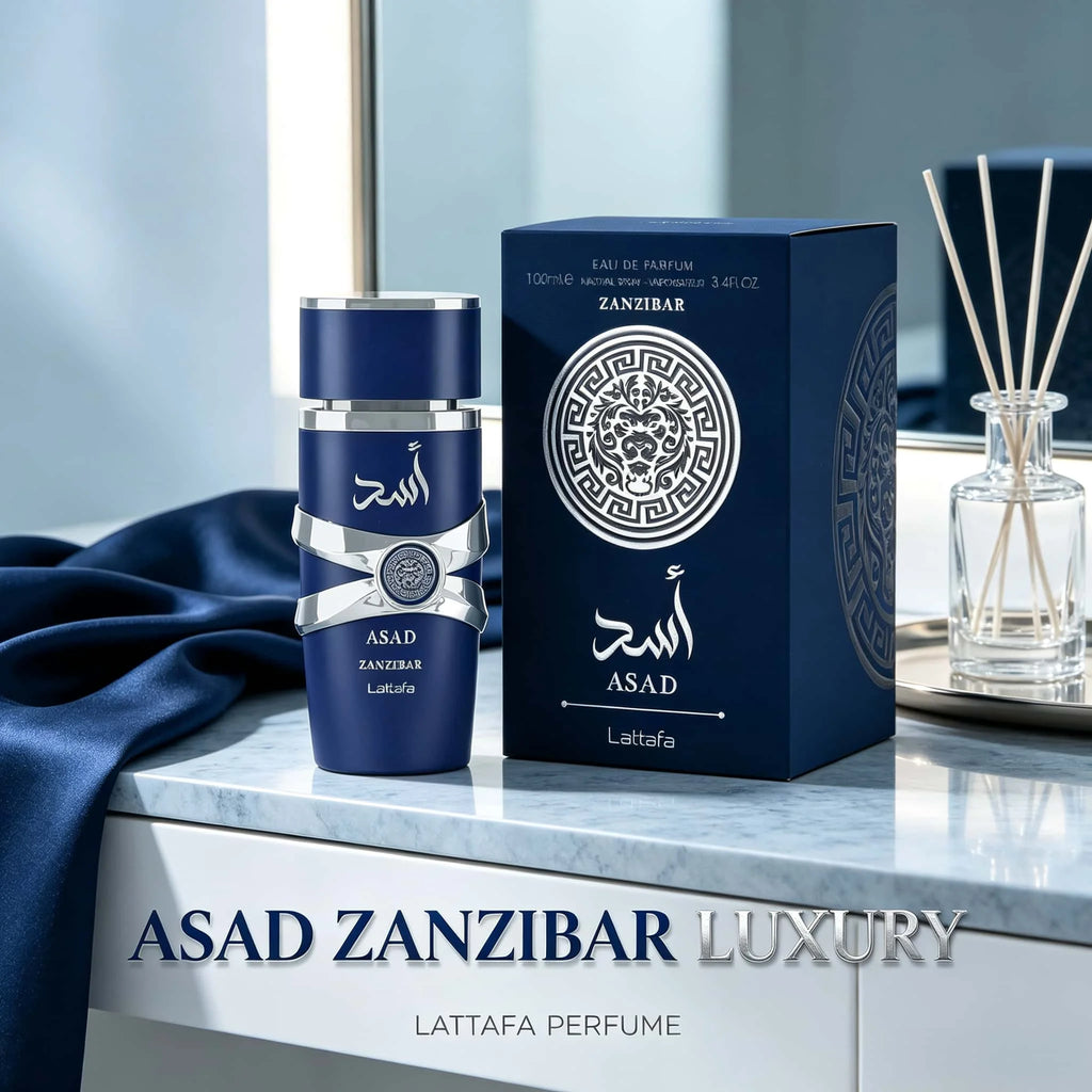 Lattafa Asad Zanzibar Eau De Parfum Spray 100ml, Long Lasting Woody Oriental Fruity Oud Musk Fragrance, Luxury Dark Blue Silver Bottle Arabian Perfume for Daily Occasion Gift Collection