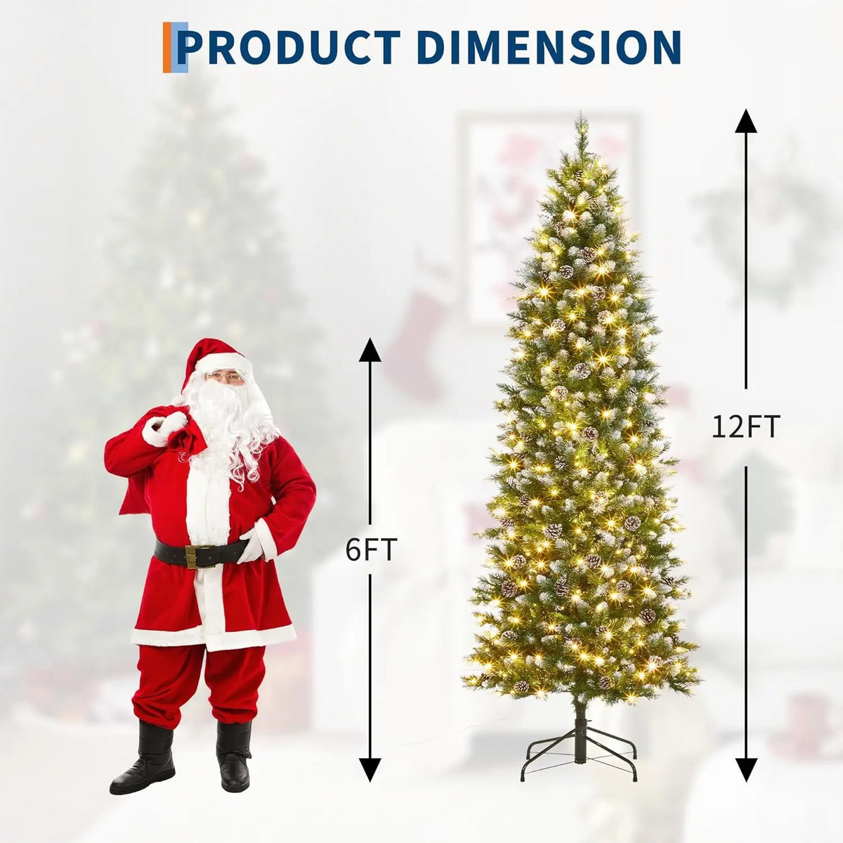 6FT 7.5FT 9FT 12FT Prelit Artificial Christmas Tree, Realistic PVC Pencil Tree With Metal Stand, Easy Assembly, Holiday Home Decor