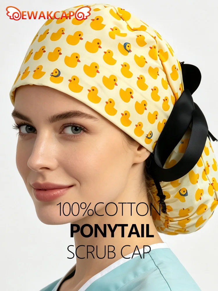Soft Cute Yellow Duck Ponytail Scrub Cap with Sweatband Classic Cotton Surgical Hat for Long Hair Breathable Nurse Working Cap