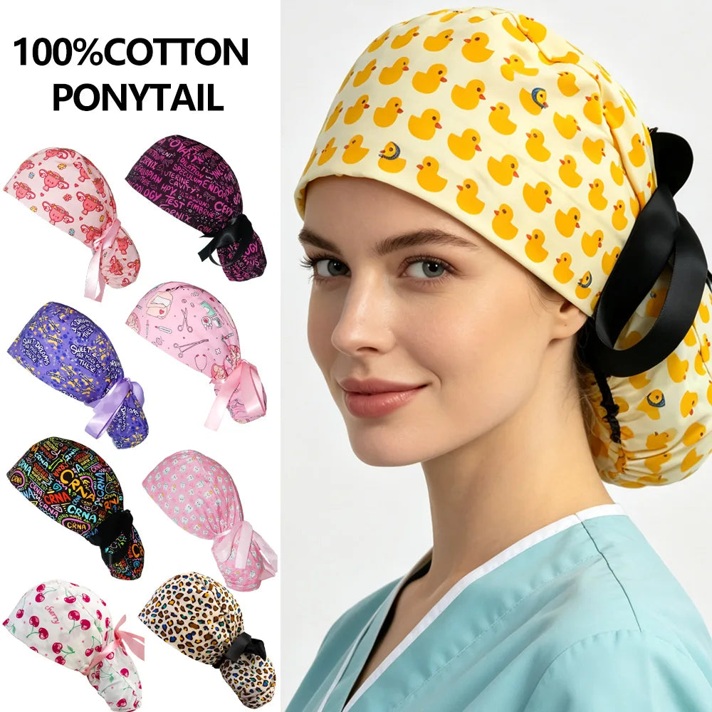 Soft Cute Yellow Duck Ponytail Scrub Cap with Sweatband Classic Cotton Surgical Hat for Long Hair Breathable Nurse Working Cap