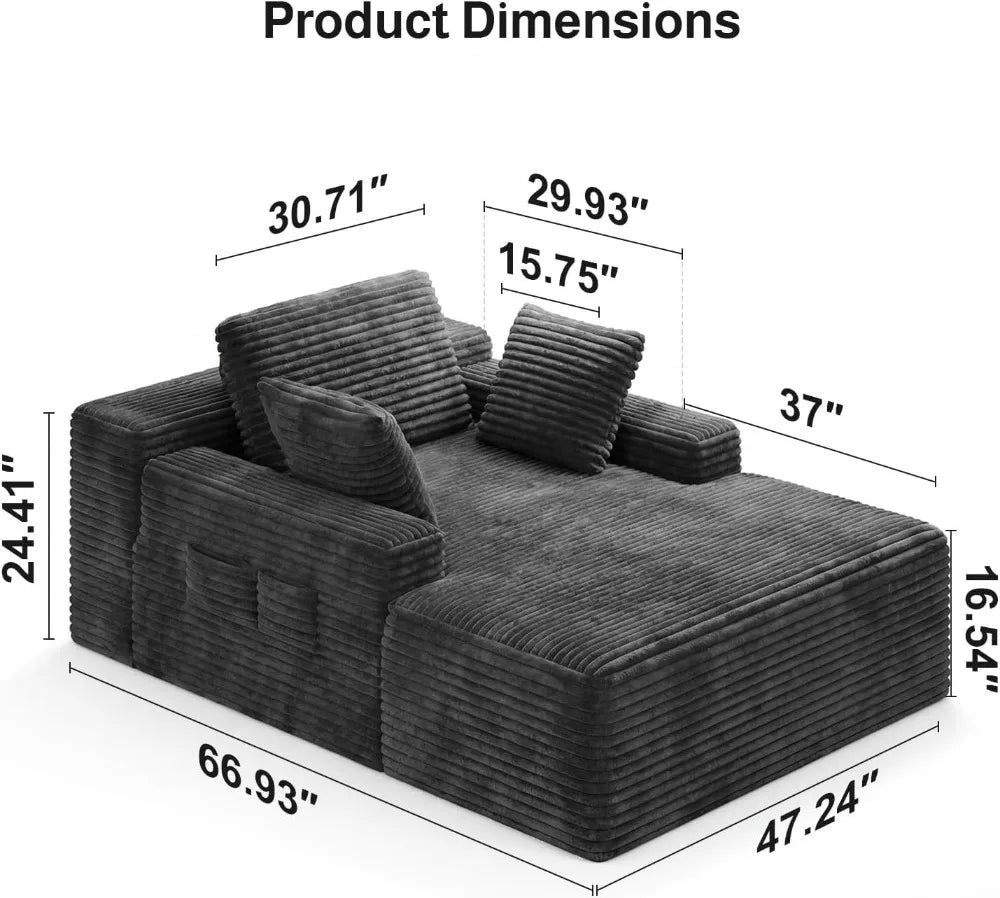 67" Boneless Chaise Lounge Chair with 3 Pillows, Gray Corduroy, No-Assembly, Oversized with Side Pockets