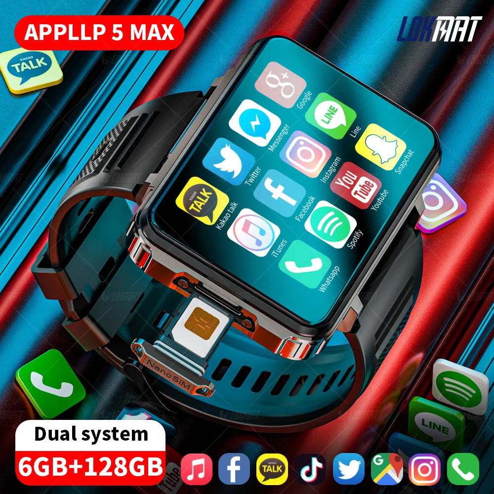 LOKMAT APPLLP 5 MAX Android Watch Phone Square Big Screen Wifi 4G Calls Smartwatches Dual Camera with Flashlight Gaming Watch