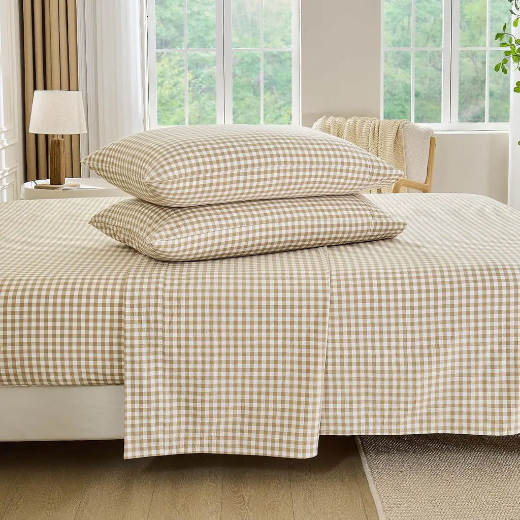 Gingham Sheet Set: 100% Washed Cotton, Linen-Like Texture, Breathable and Soft, 3/4-Piece Set, Plaid Checkered Bed Sheets, 15" Deep Pocket,Twin/Twin XL/Full/Queen/King/California King