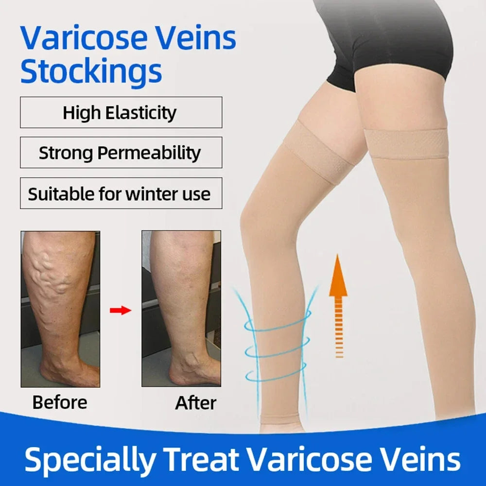 1Pair Thigh High Compression Socks, Firm Support 20-30 MMHg Gradient Compression Stockings with Silicone Band for Varicose Veins