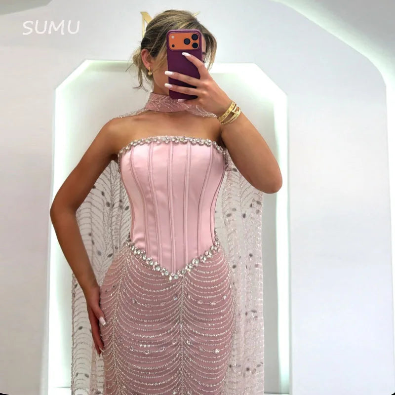Customized Prom Dress Luxury Cape Sparkly Rhinestones Beading Strapless Fashion Mermaid Wedding Party Gowns Vestidos De Gala