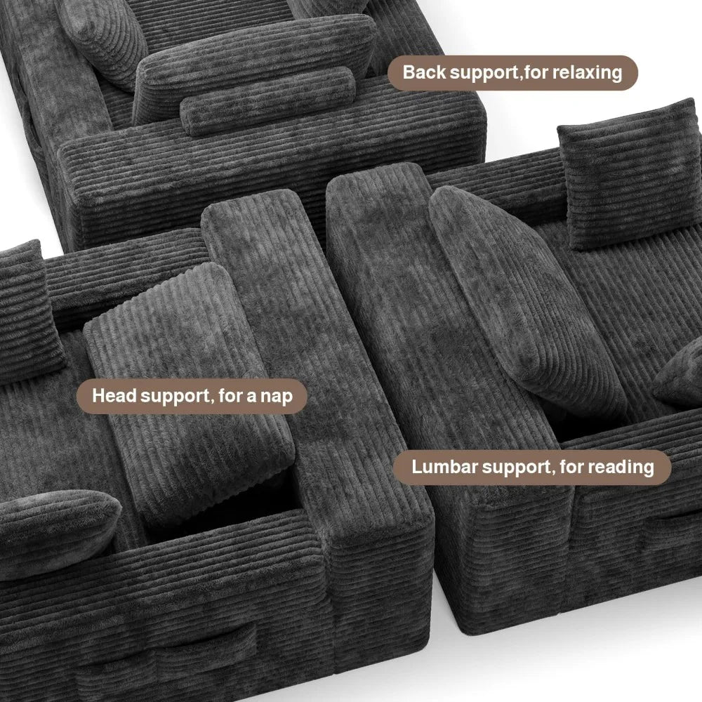 67" Boneless Chaise Lounge Chair with 3 Pillows, Gray Corduroy, No-Assembly, Oversized with Side Pockets