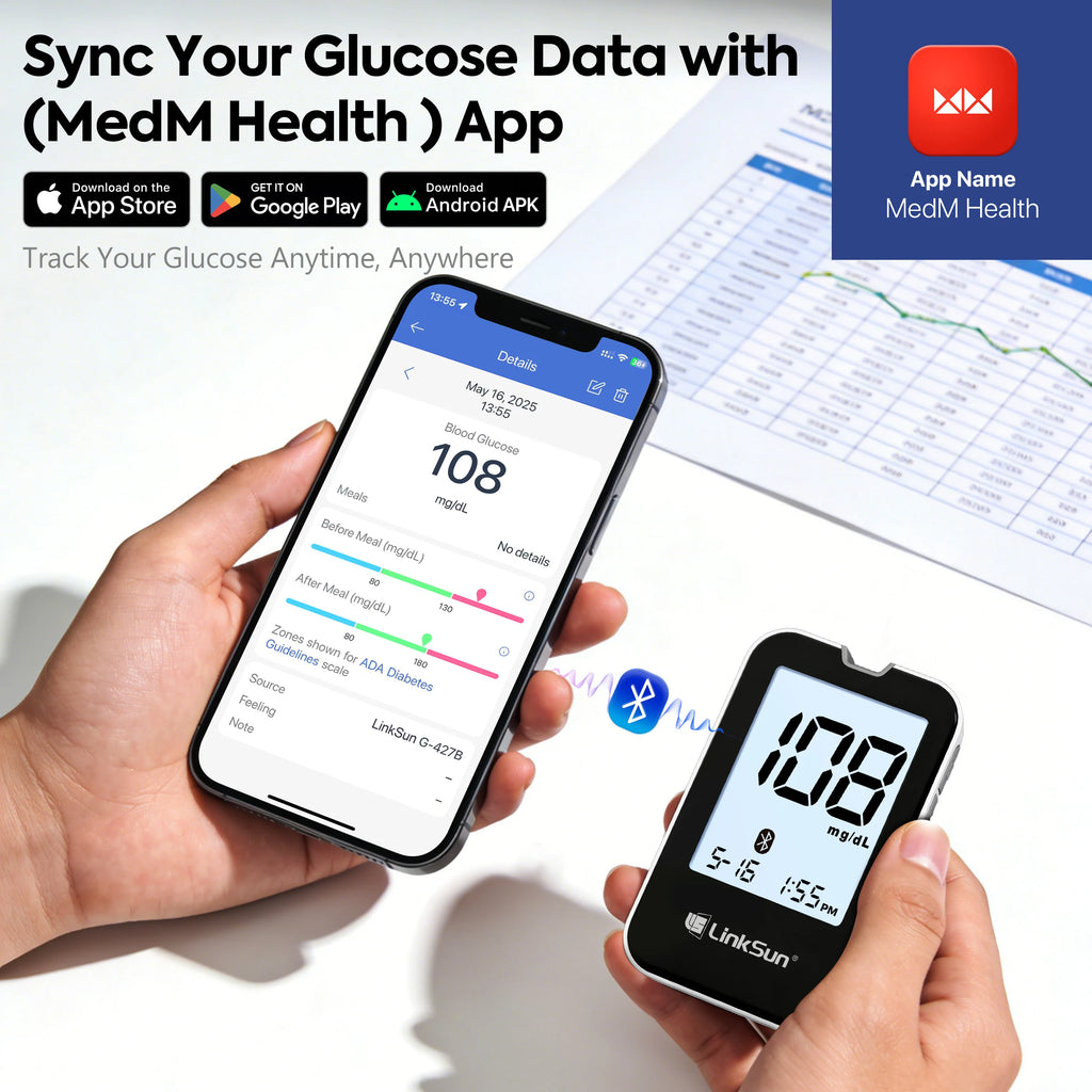 LinkSun G-427B Bluetooth Blood Sugar Testing Kit 50/100 Test Strips High Accuracy Large Display Blood Glucose Monitor Travel Bag