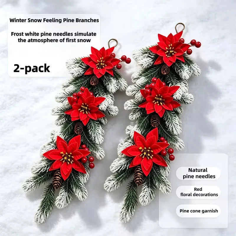 2Pcs Christmas Garland, Artificial Poinsettia Red Berry Pine Branch Decor, UV Resistant Holiday Garland for Indoor Outdoor Home
