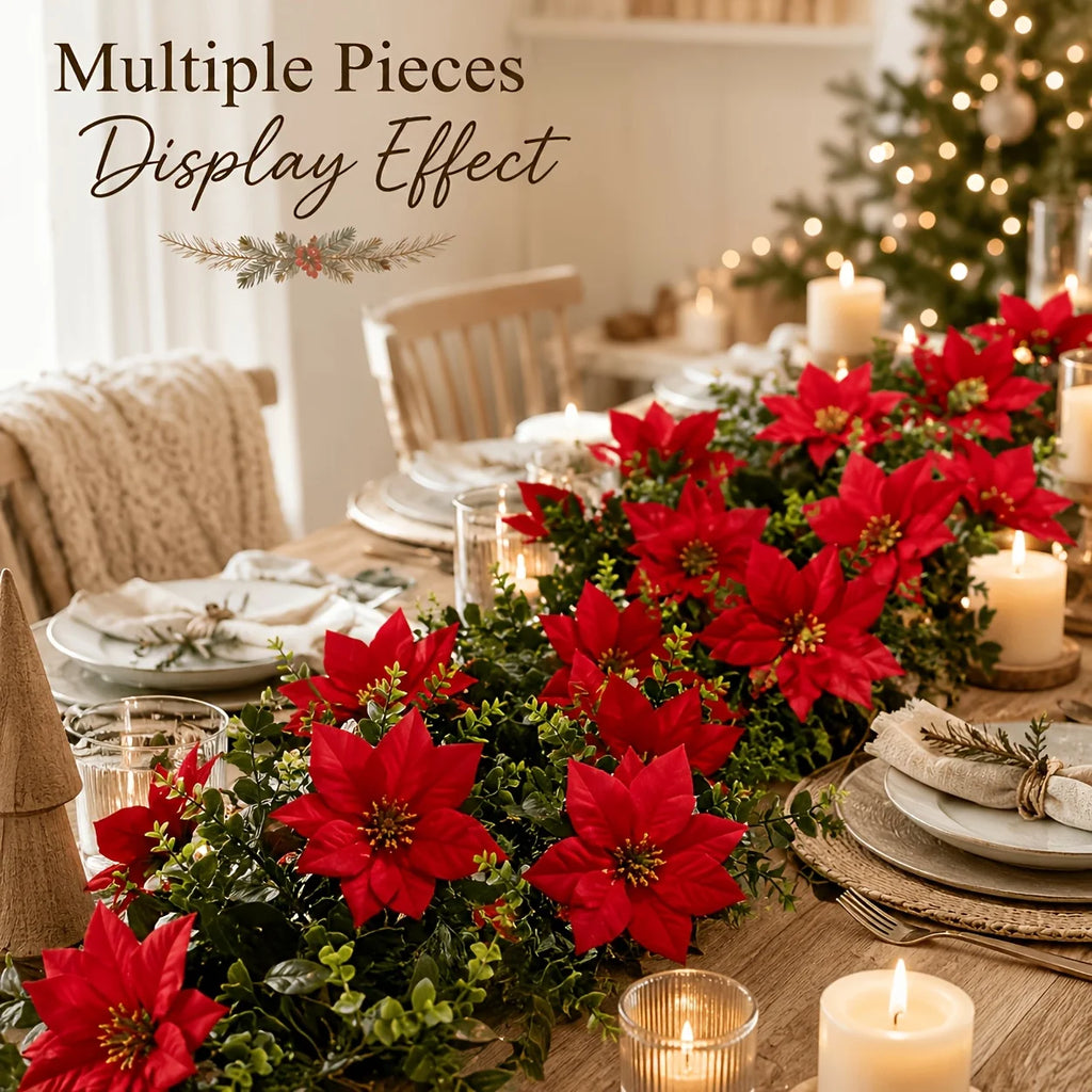 2Pcs Artificial Christmas Garland Red Poinsettia Eucalyptus Faux Flower Fireplace Mantel Front Door Wall Indoor Outdoor Party