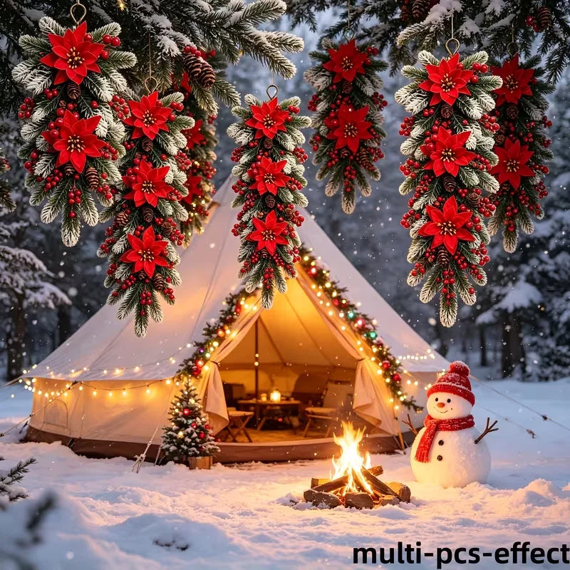 2Pcs Christmas Garland, Artificial Poinsettia Red Berry Pine Branch Decor, UV Resistant Holiday Garland for Indoor Outdoor Home