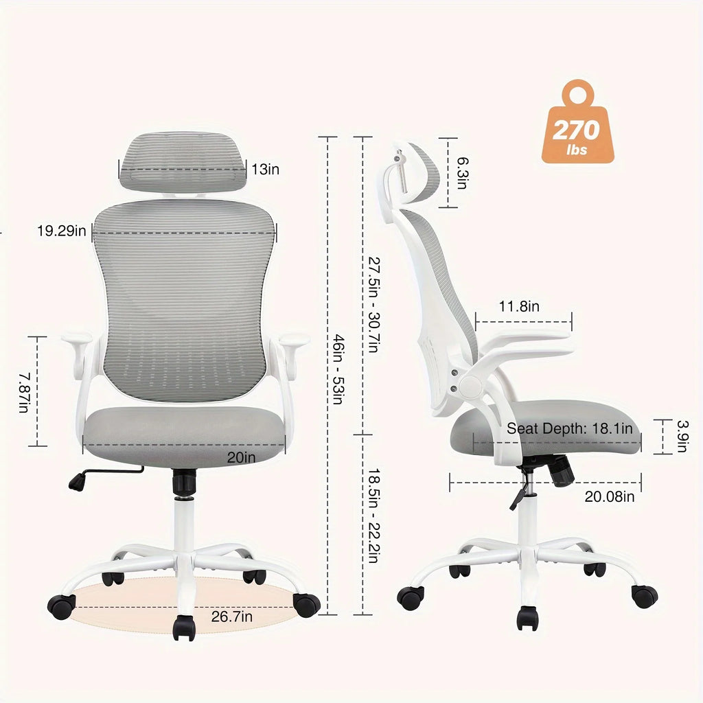 Home Office Chair, Ergonomic High Back Mesh Rolling Computer Desk Chair with Wheels & Adjustable Headrest, Comfort Lumbar Support, Flip-Up Armrests for Bedroom & Study Room