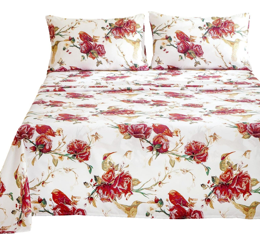 Tache Floral Hummingbirds Burgundy White Vintage Rose Garden Bed Sheet Set (SD-7676)