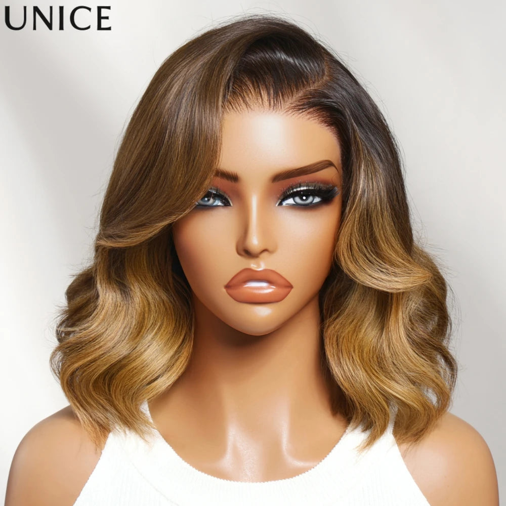 UNice Brown With Blonde Highlights Wavy Bob Wig With Face-Framing Layers Side Part 7x5 13x4 Lace Glueless Human Hair Wigs