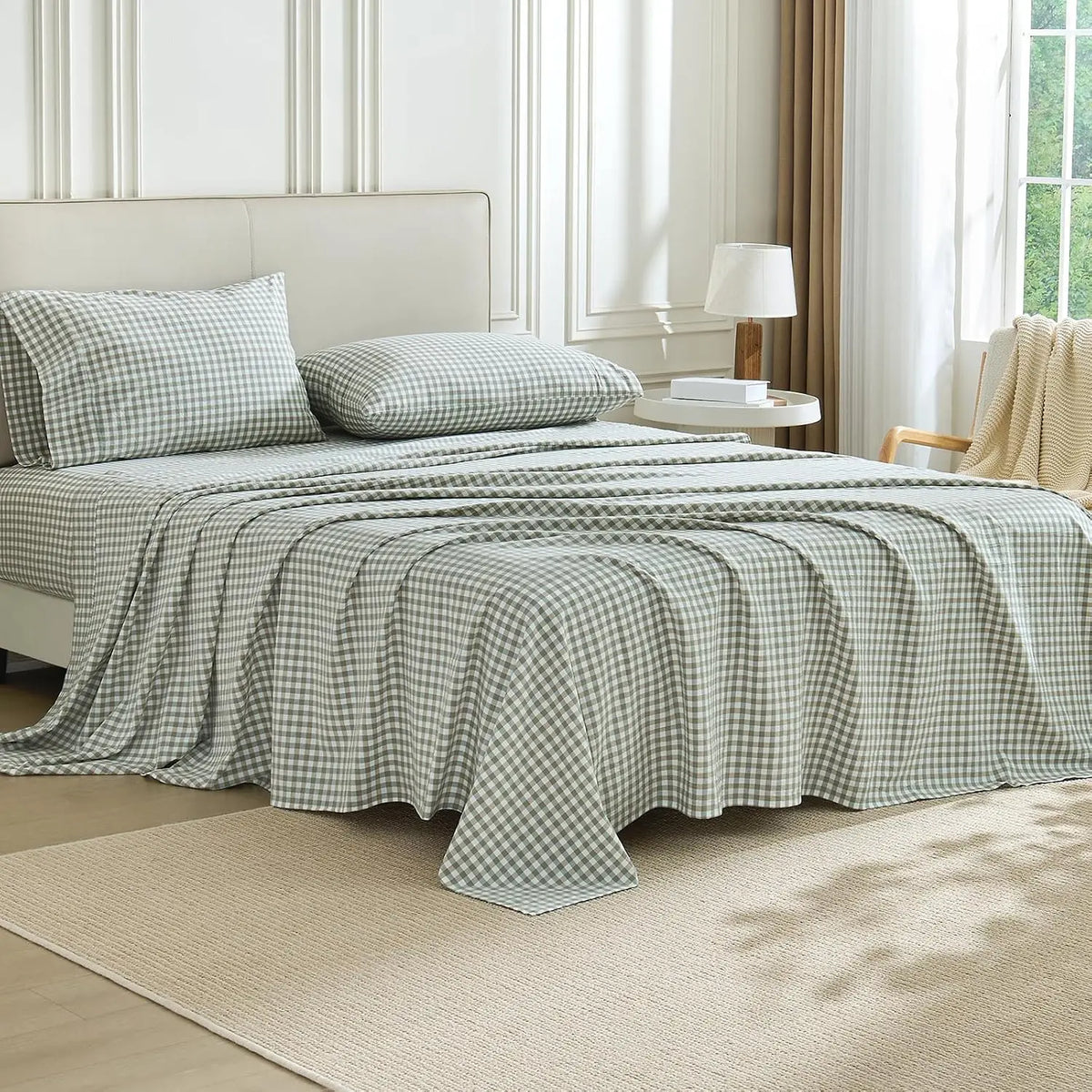 Gingham Sheet Set: 100% Washed Cotton, Linen-Like Texture, Breathable and Soft, 3/4-Piece Set, Plaid Checkered Bed Sheets, 15" Deep Pocket,Twin/Twin XL/Full/Queen/King/California King