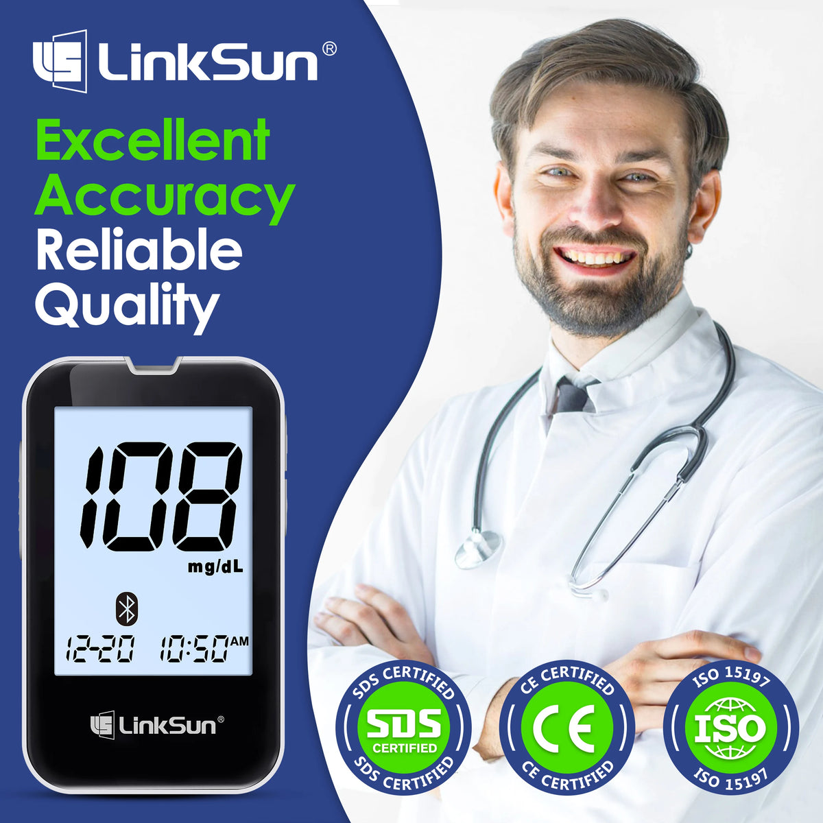 LinkSun G-427B Bluetooth Blood Sugar Testing Kit 50/100 Test Strips High Accuracy Large Display Blood Glucose Monitor Travel Bag