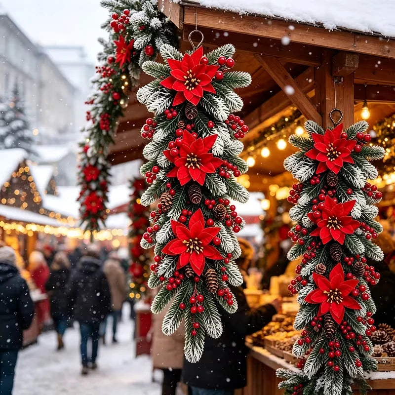 2Pcs Christmas Garland, Artificial Poinsettia Red Berry Pine Branch Decor, UV Resistant Holiday Garland for Indoor Outdoor Home