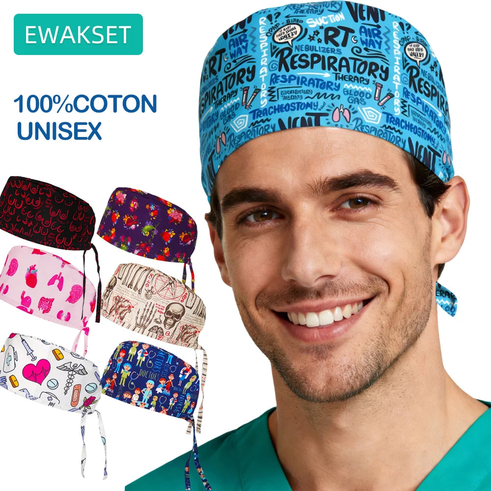 Unisex Pulmonologist Scrub Cap 100%Cotton Women Men Medical Hospital Surgeon Hat Respiratory Printed Medicine Surgical Caps