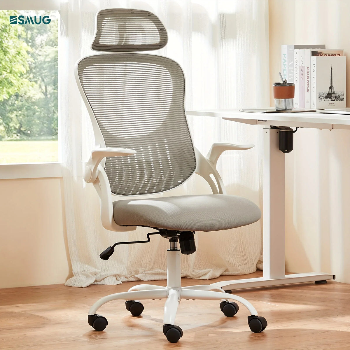 Home Office Chair, Ergonomic High Back Mesh Rolling Computer Desk Chair with Wheels & Adjustable Headrest, Comfort Lumbar Support, Flip-Up Armrests for Bedroom & Study Room
