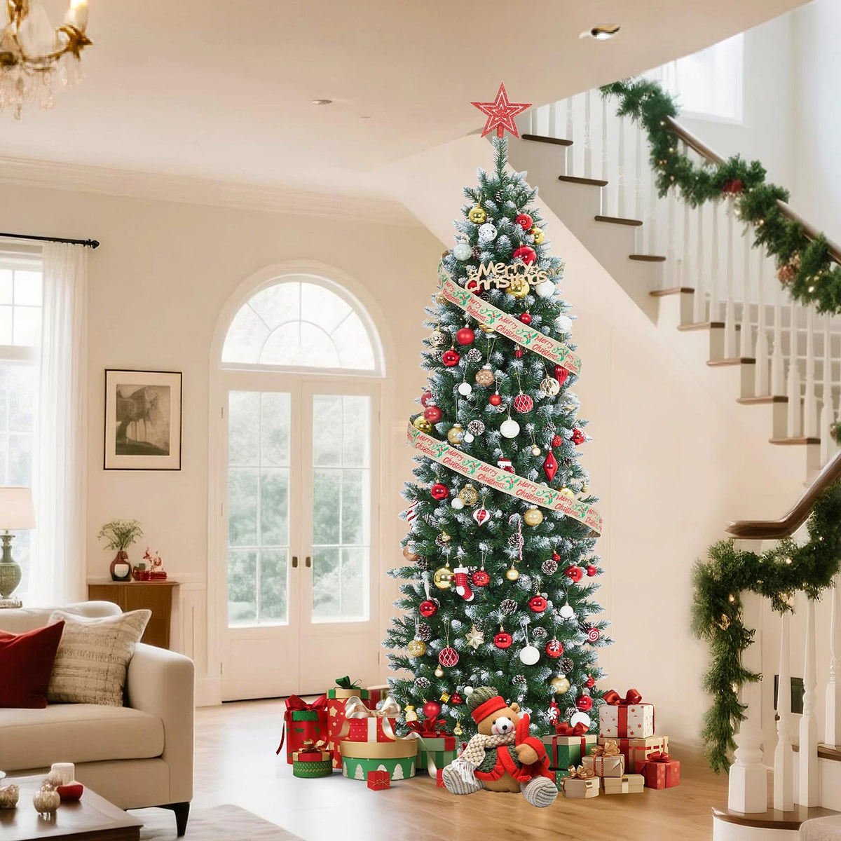 6FT 7.5FT 9FT 12FT Prelit Artificial Christmas Tree, Realistic PVC Pencil Tree With Metal Stand, Easy Assembly, Holiday Home Decor