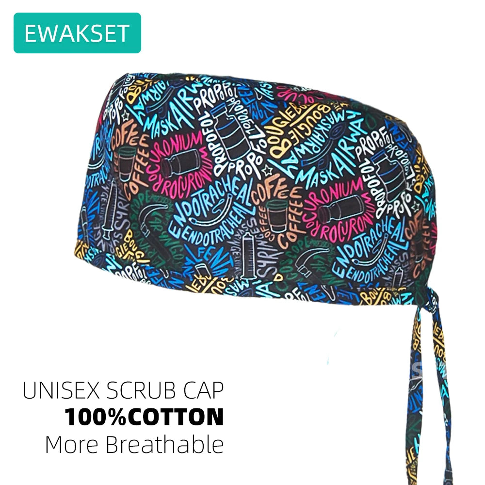 Unisex Pulmonologist Scrub Cap 100%Cotton Women Men Medical Hospital Surgeon Hat Respiratory Printed Medicine Surgical Caps