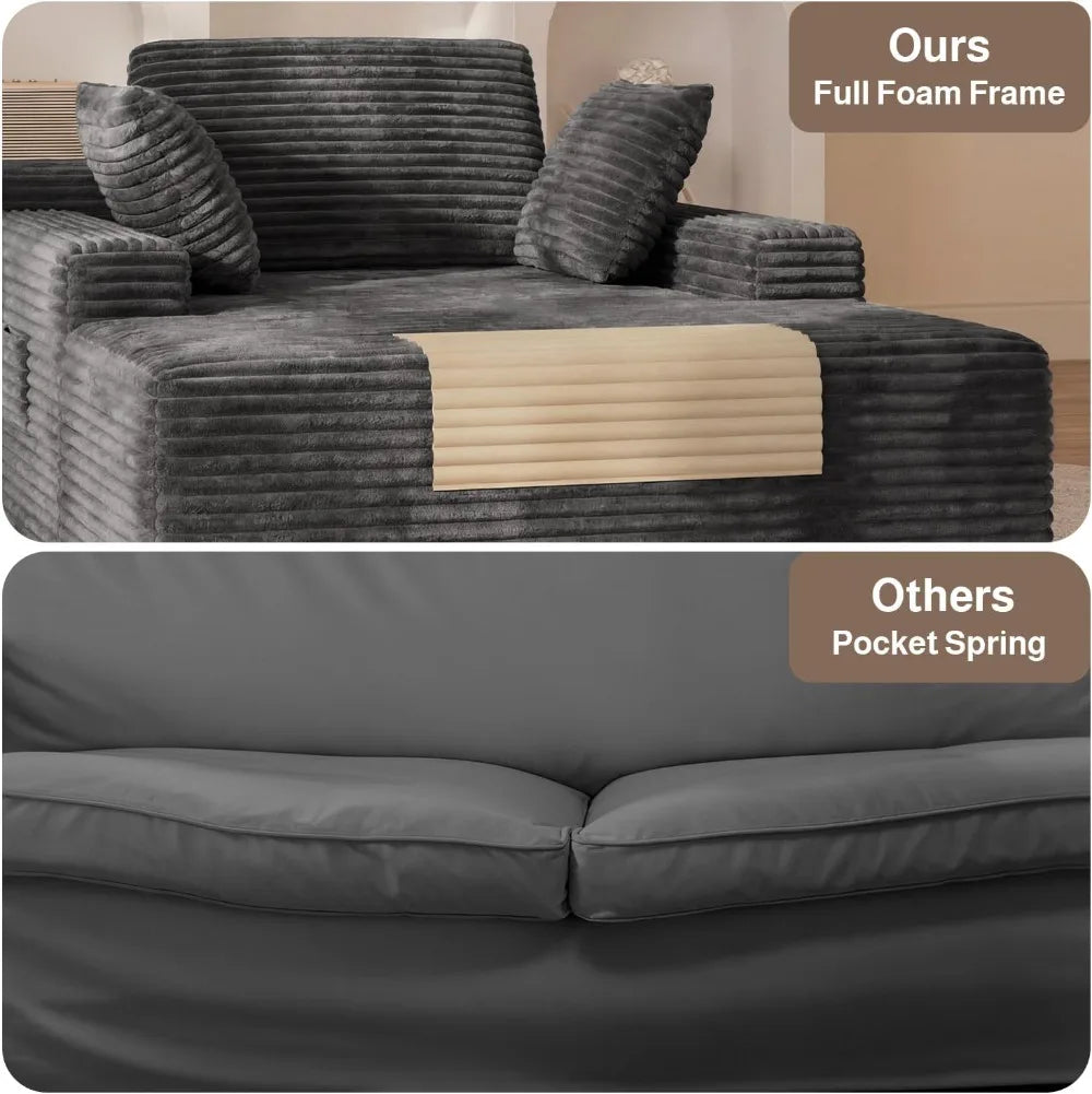 67" Boneless Chaise Lounge Chair with 3 Pillows, Gray Corduroy, No-Assembly, Oversized with Side Pockets