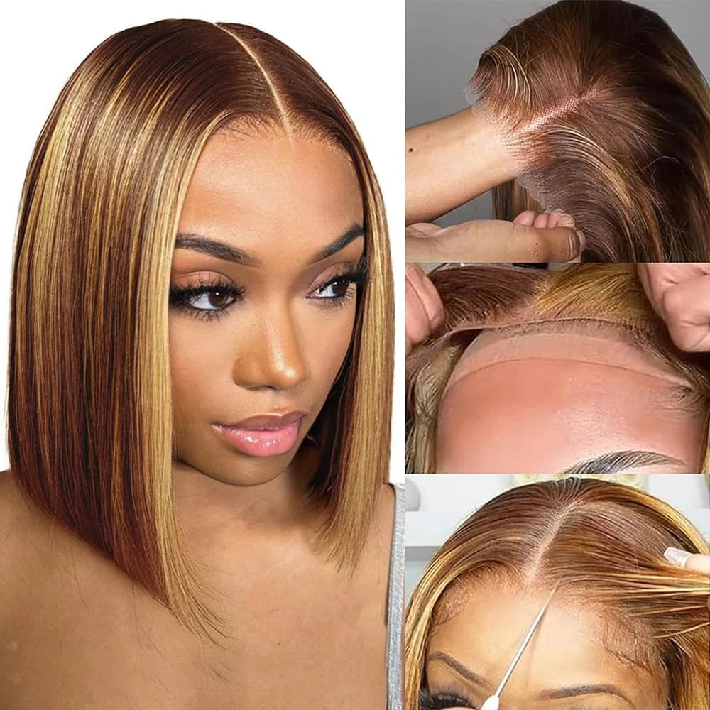 Straight Highlight Glueless Wigs Human Hair Ready To Wear 6X4 Lace Frontal Honey Blonde Short Bob Brazilian Human Hair Wig