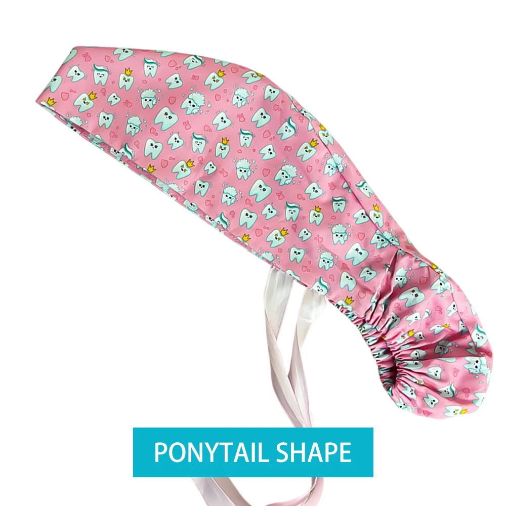 Soft Cute Yellow Duck Ponytail Scrub Cap with Sweatband Classic Cotton Surgical Hat for Long Hair Breathable Nurse Working Cap