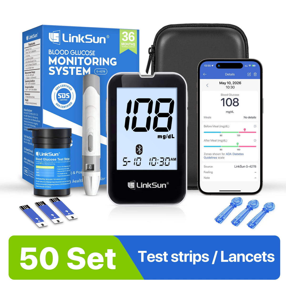 LinkSun G-427B Bluetooth Blood Sugar Testing Kit 50/100 Test Strips High Accuracy Large Display Blood Glucose Monitor Travel Bag