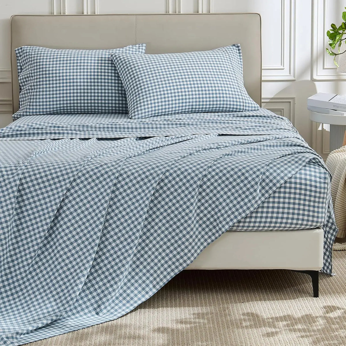 Gingham Sheet Set: 100% Washed Cotton, Linen-Like Texture, Breathable and Soft, 3/4-Piece Set, Plaid Checkered Bed Sheets, 15" Deep Pocket,Twin/Twin XL/Full/Queen/King/California King
