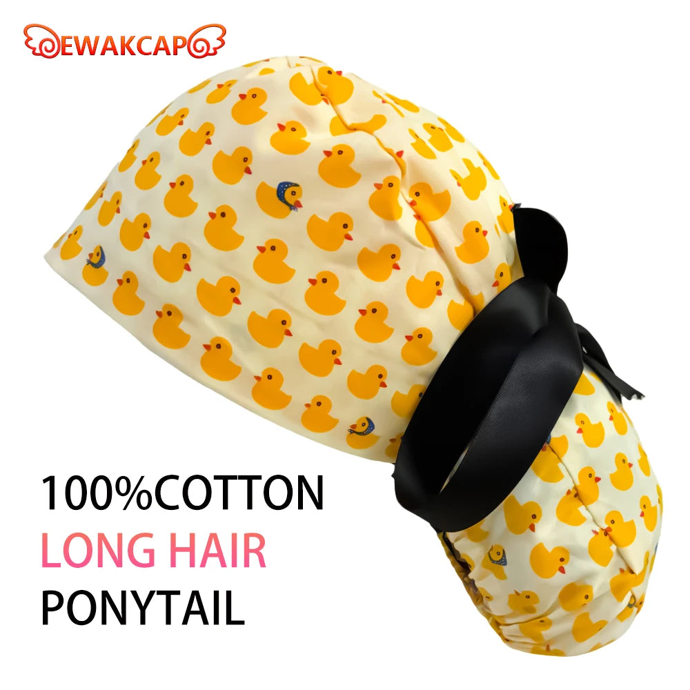 Soft Cute Yellow Duck Ponytail Scrub Cap with Sweatband Classic Cotton Surgical Hat for Long Hair Breathable Nurse Working Cap