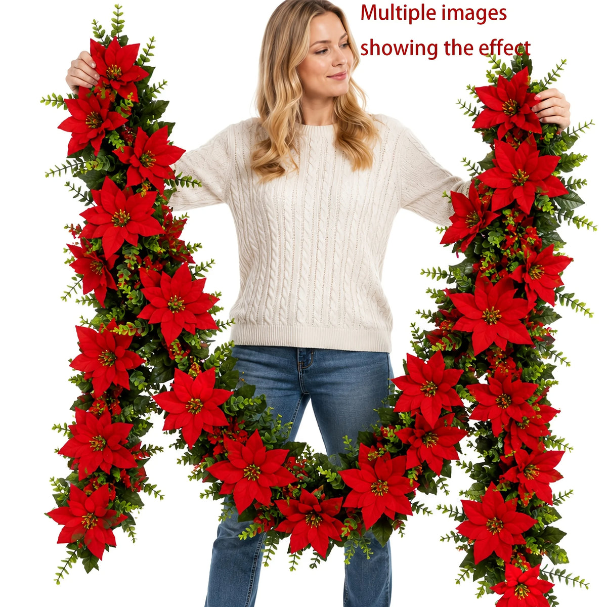 2Pcs Artificial Christmas Garland Red Poinsettia Eucalyptus Faux Flower Fireplace Mantel Front Door Wall Indoor Outdoor Party