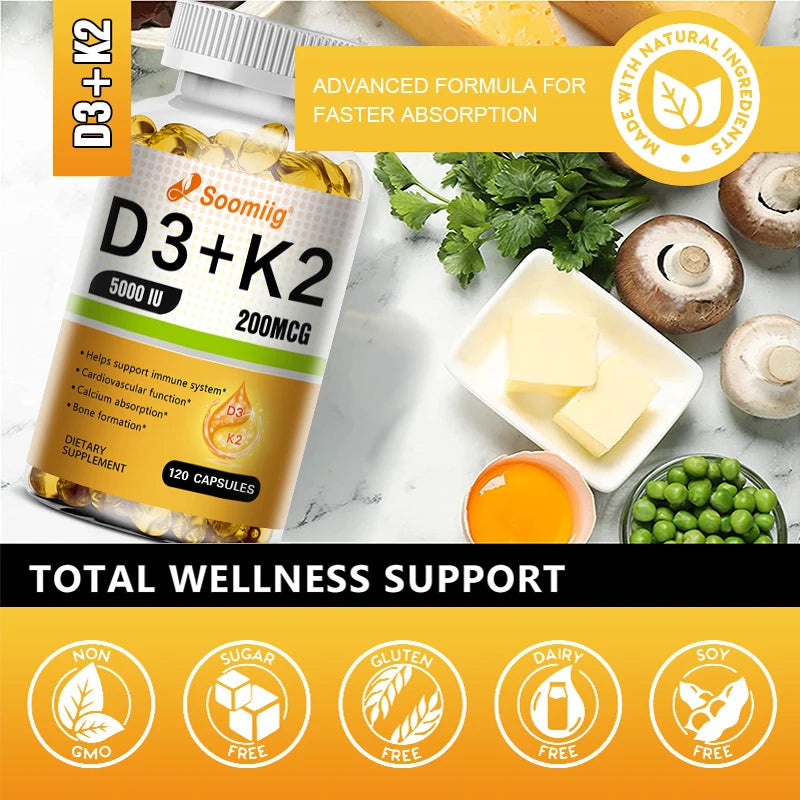 Soomiig Vegetarian Vitamin D3+K2 Capsules Promotes Calcium Metabolism Fracture Bone Health Heart and Immune System Support