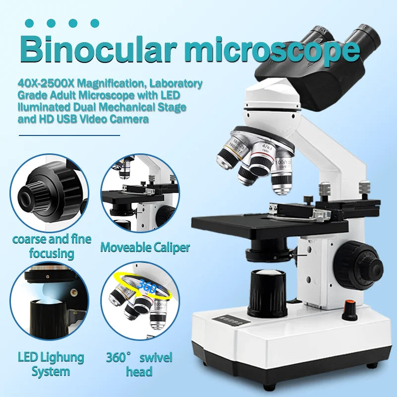 High Power Binocular Compound Microscope for Student Biology Chemistry Lab, High Resolution Optical Microscope for Bacteria Cell Microorganism Observation