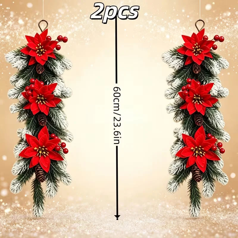 2Pcs Christmas Garland, Artificial Poinsettia Red Berry Pine Branch Decor, UV Resistant Holiday Garland for Indoor Outdoor Home