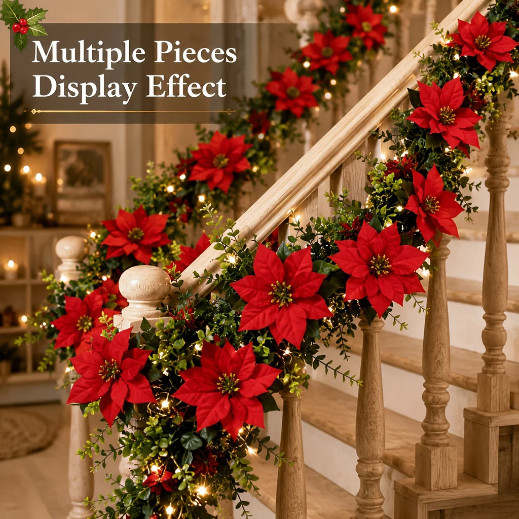 2Pcs Artificial Christmas Garland Red Poinsettia Eucalyptus Faux Flower Fireplace Mantel Front Door Wall Indoor Outdoor Party