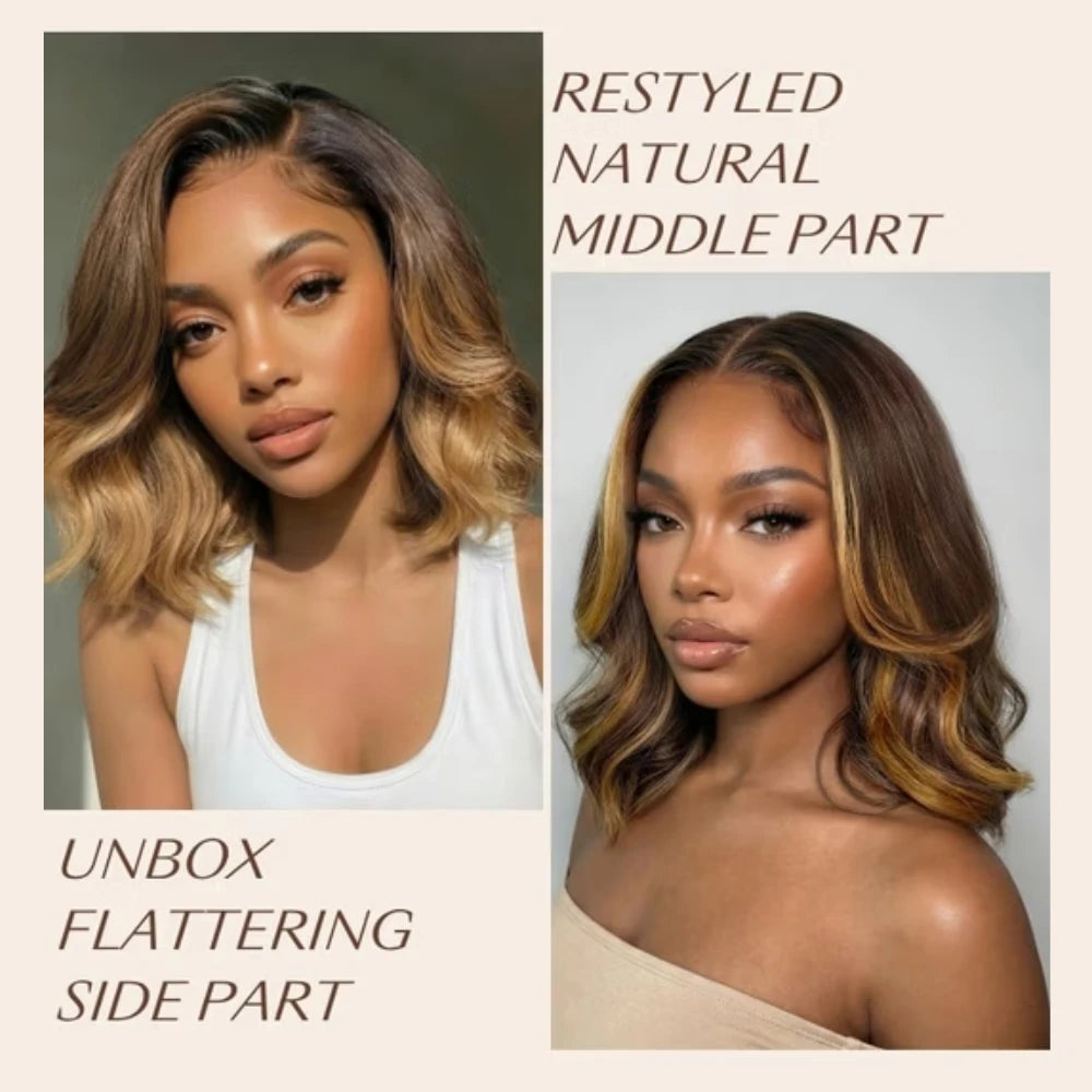UNice Brown With Blonde Highlights Wavy Bob Wig With Face-Framing Layers Side Part 7x5 13x4 Lace Glueless Human Hair Wigs