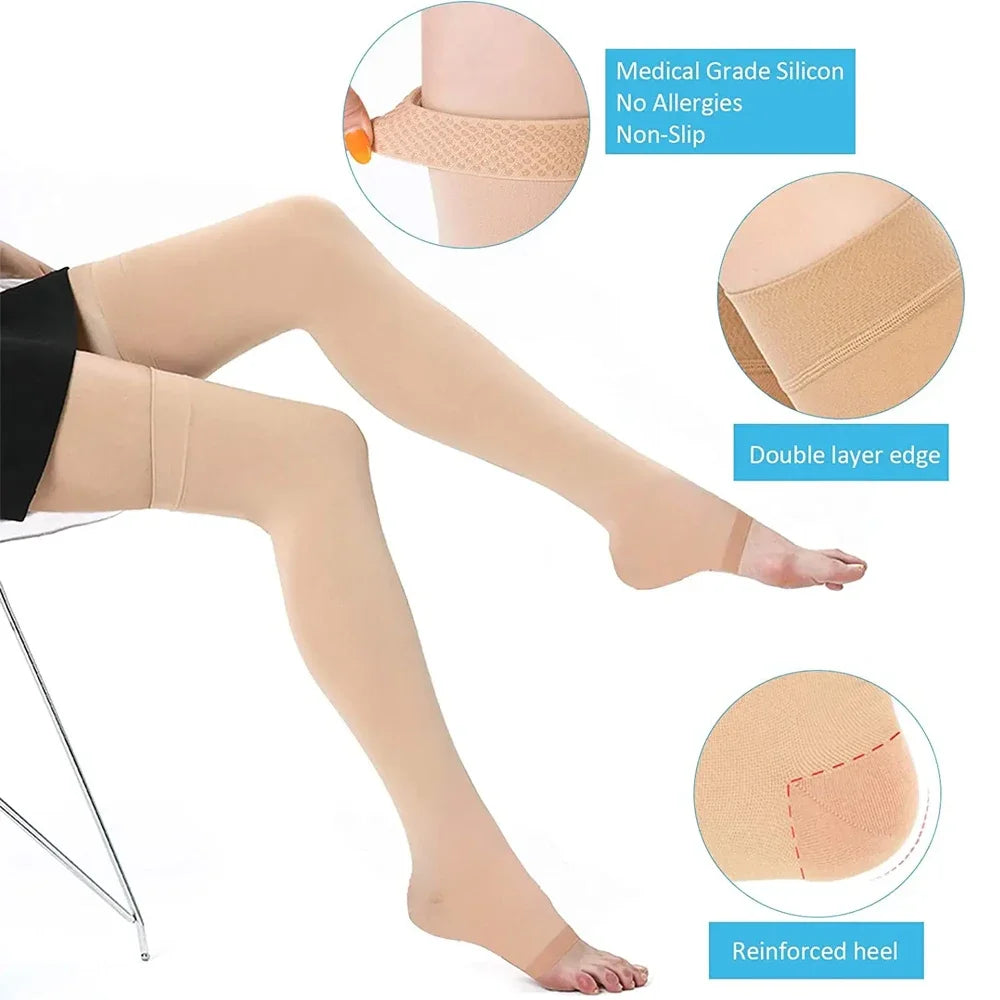 1Pair Thigh High Compression Socks, Firm Support 20-30 MMHg Gradient Compression Stockings with Silicone Band for Varicose Veins