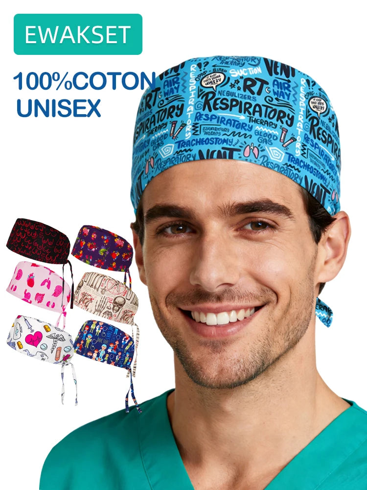 Unisex Pulmonologist Scrub Cap 100%Cotton Women Men Medical Hospital Surgeon Hat Respiratory Printed Medicine Surgical Caps