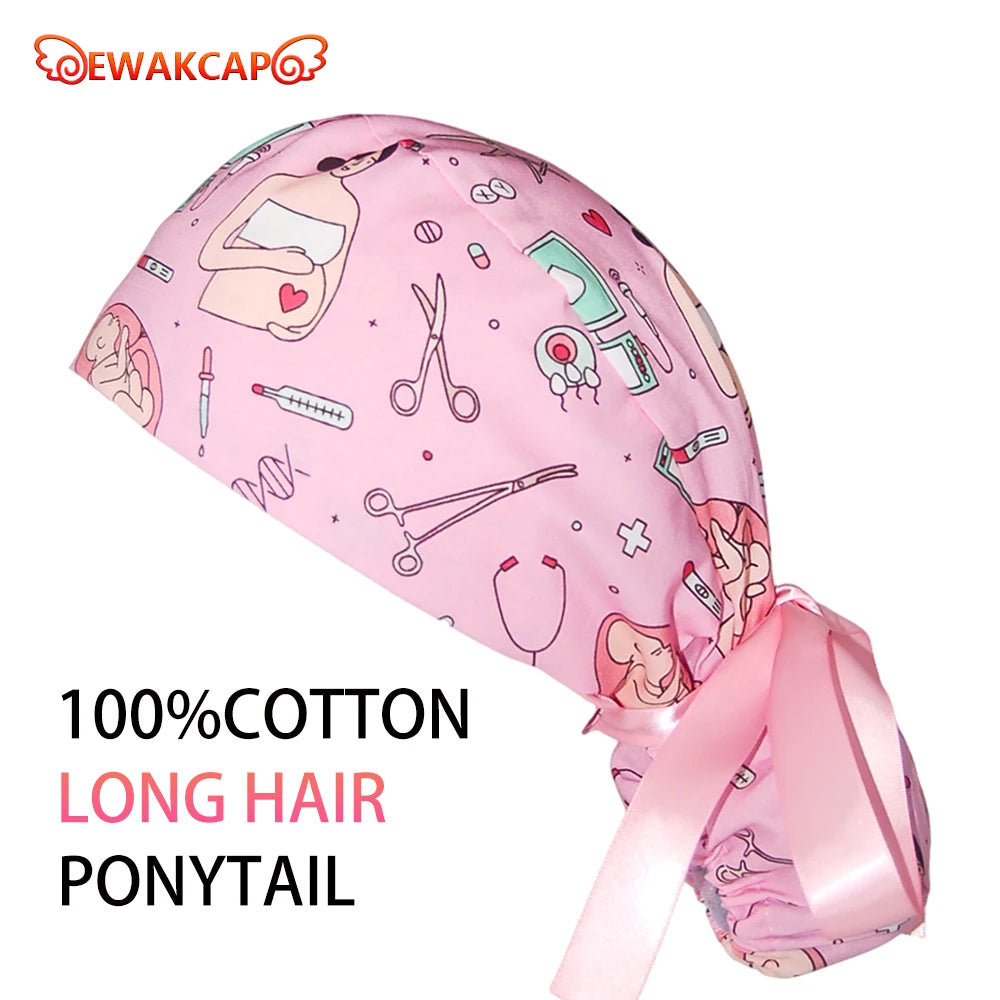 Soft Cute Yellow Duck Ponytail Scrub Cap with Sweatband Classic Cotton Surgical Hat for Long Hair Breathable Nurse Working Cap