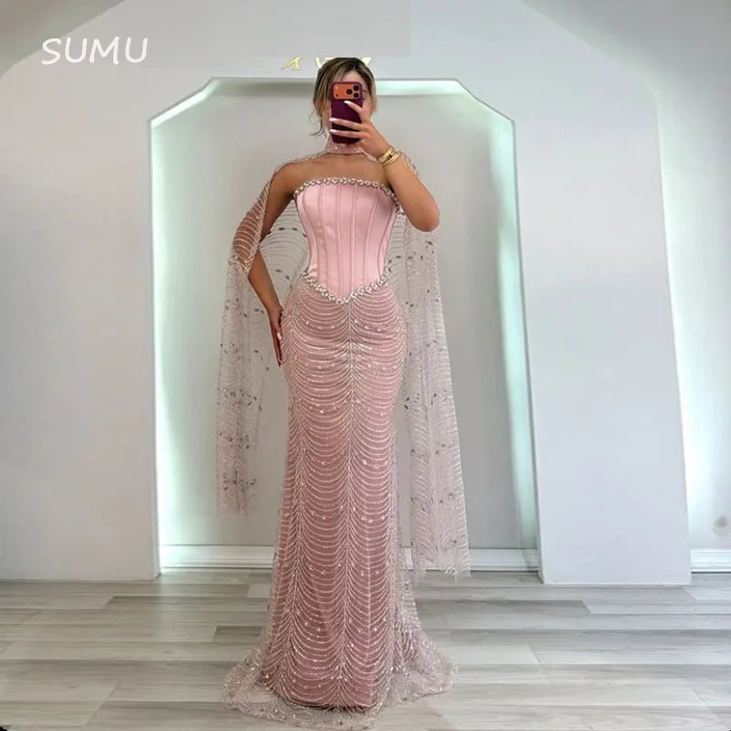 Customized Prom Dress Luxury Cape Sparkly Rhinestones Beading Strapless Fashion Mermaid Wedding Party Gowns Vestidos De Gala