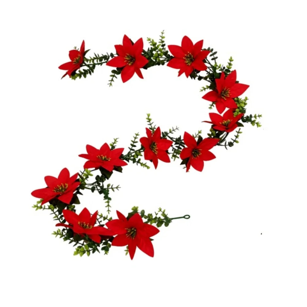 2Pcs Artificial Christmas Garland Red Poinsettia Eucalyptus Faux Flower Fireplace Mantel Front Door Wall Indoor Outdoor Party
