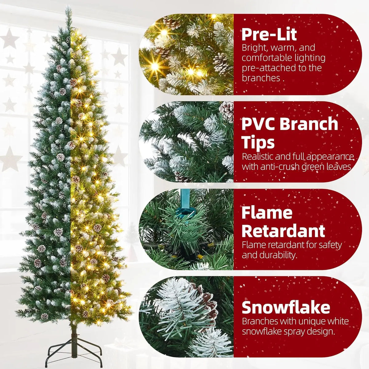 6FT 7.5FT 9FT 12FT Prelit Artificial Christmas Tree, Realistic PVC Pencil Tree With Metal Stand, Easy Assembly, Holiday Home Decor