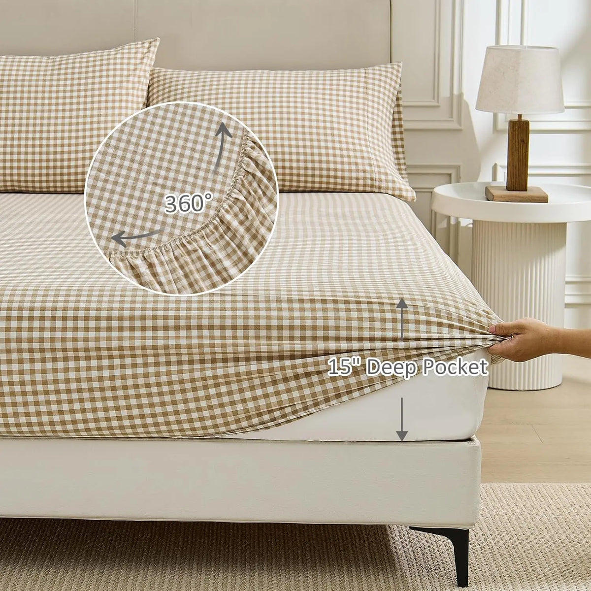 Gingham Sheet Set: 100% Washed Cotton, Linen-Like Texture, Breathable and Soft, 3/4-Piece Set, Plaid Checkered Bed Sheets, 15" Deep Pocket,Twin/Twin XL/Full/Queen/King/California King